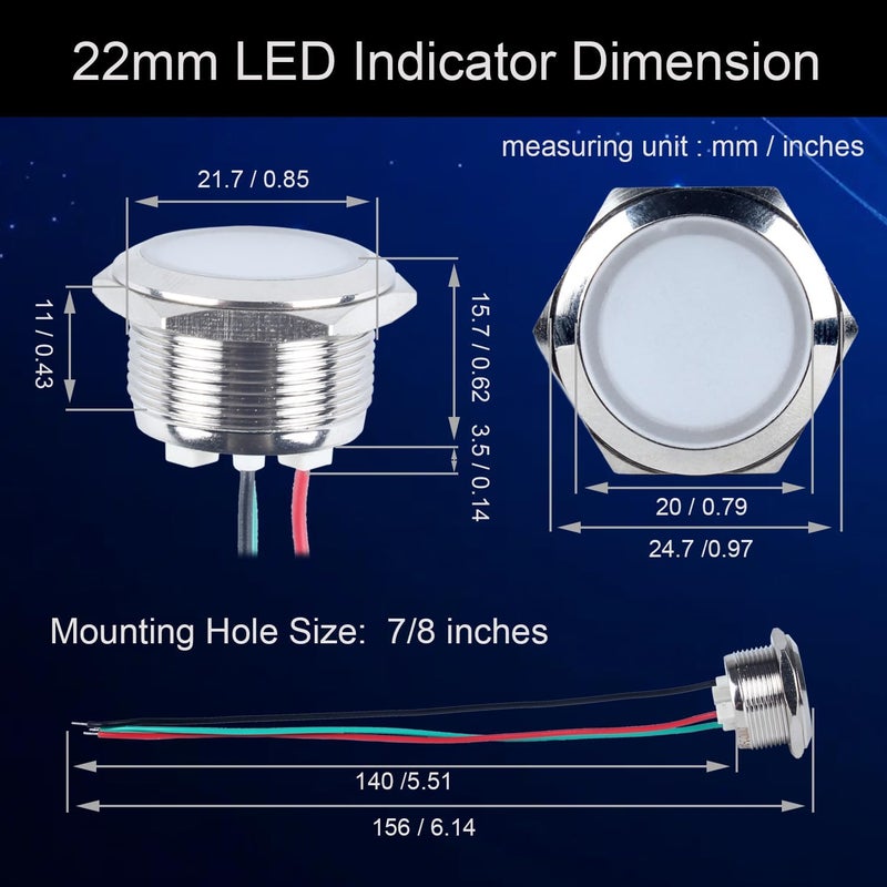 DMWD 22mm 12V-24V Metal 2 Colors LED Indicator Lights, Waterproof Common Anode Signal Lamp Red and Green LED in 1, with Pre-Wired Cables to Indicate The Power Supply Status 2Pcs - Image 3